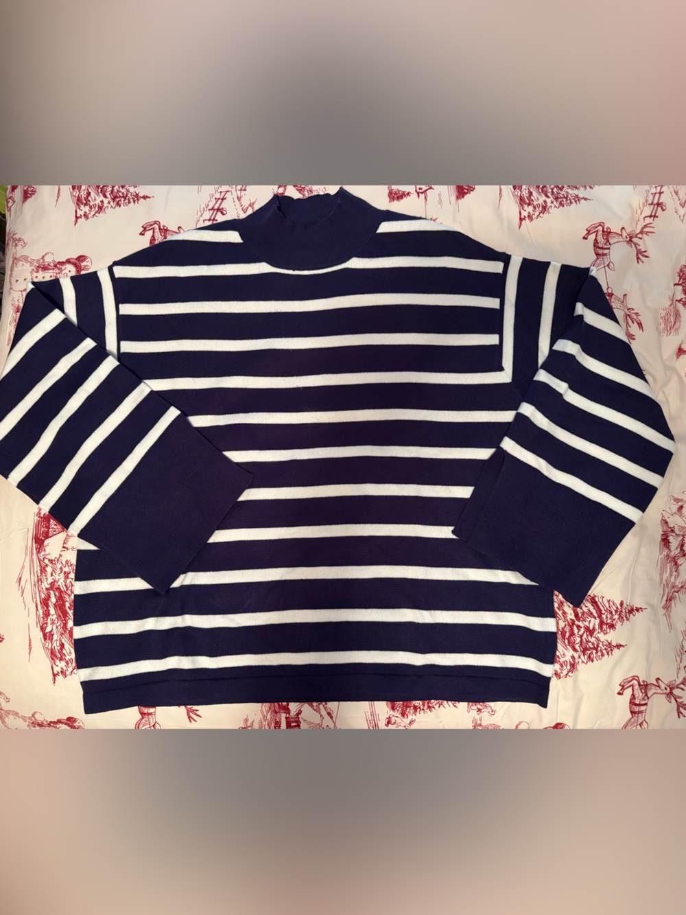 Nautical Navy and White Striped Bell Sleeve Sweater, XL